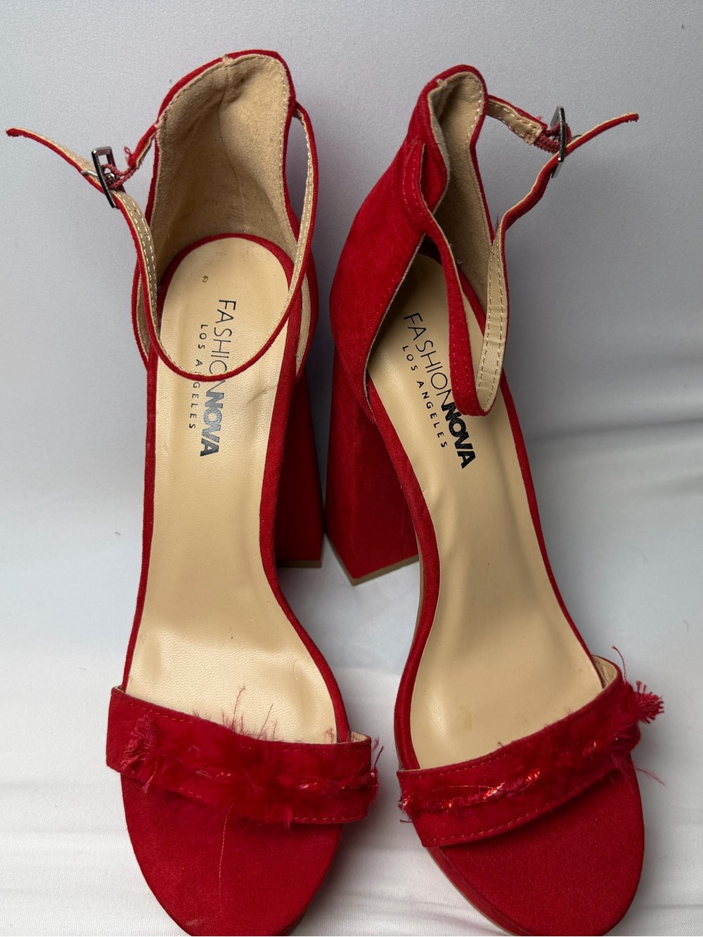 Fashion Nova Red Faux Suede Block Heel Platform Sandals with Faux Fur Trim 8.5
